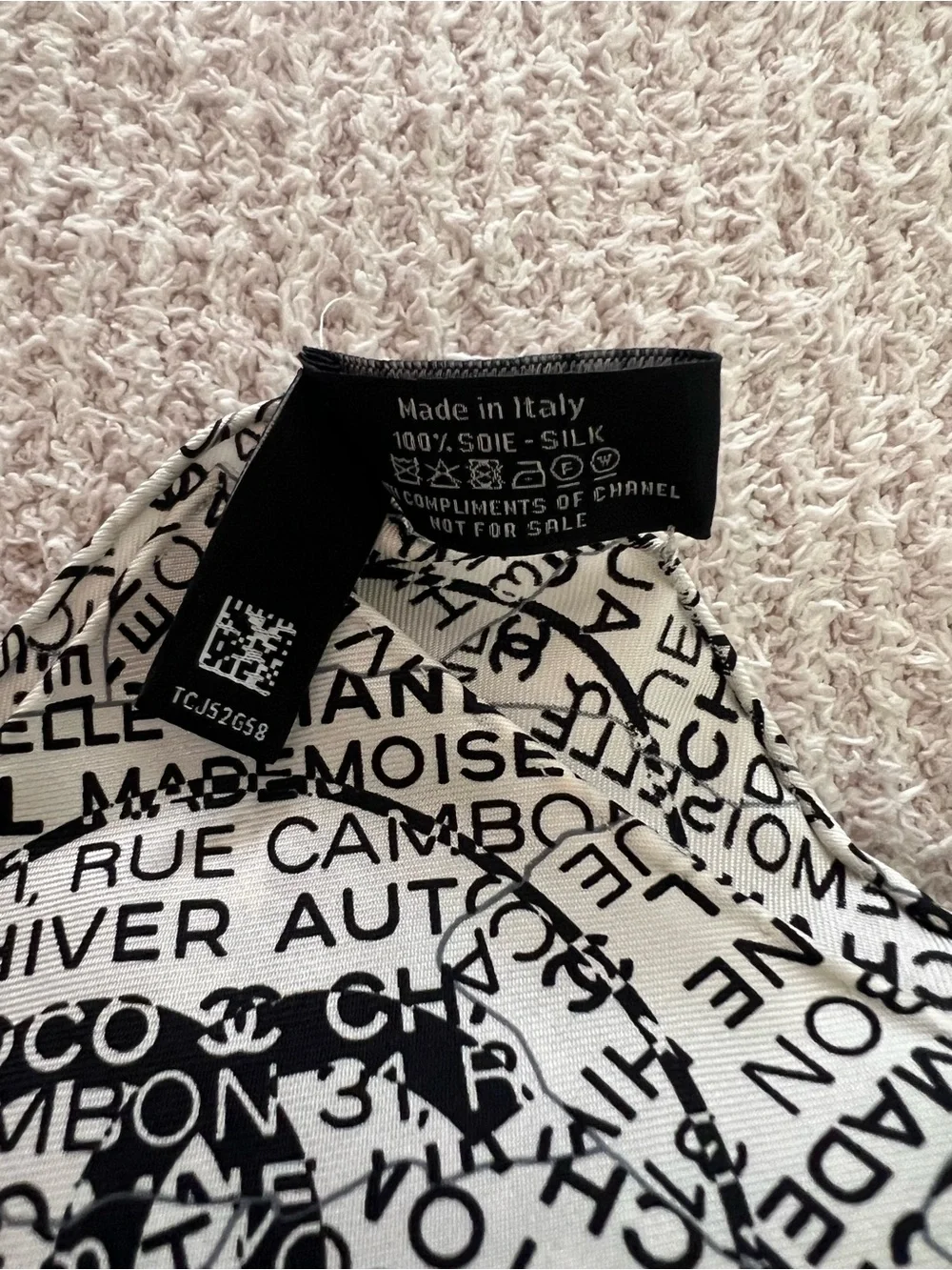 CHANEL Black and White Logo Silk Scarf